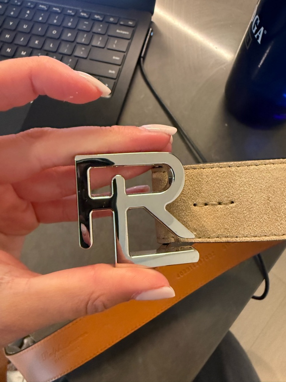 Ralph Lauren Silver 'R' Accent Suede Belt - Tan